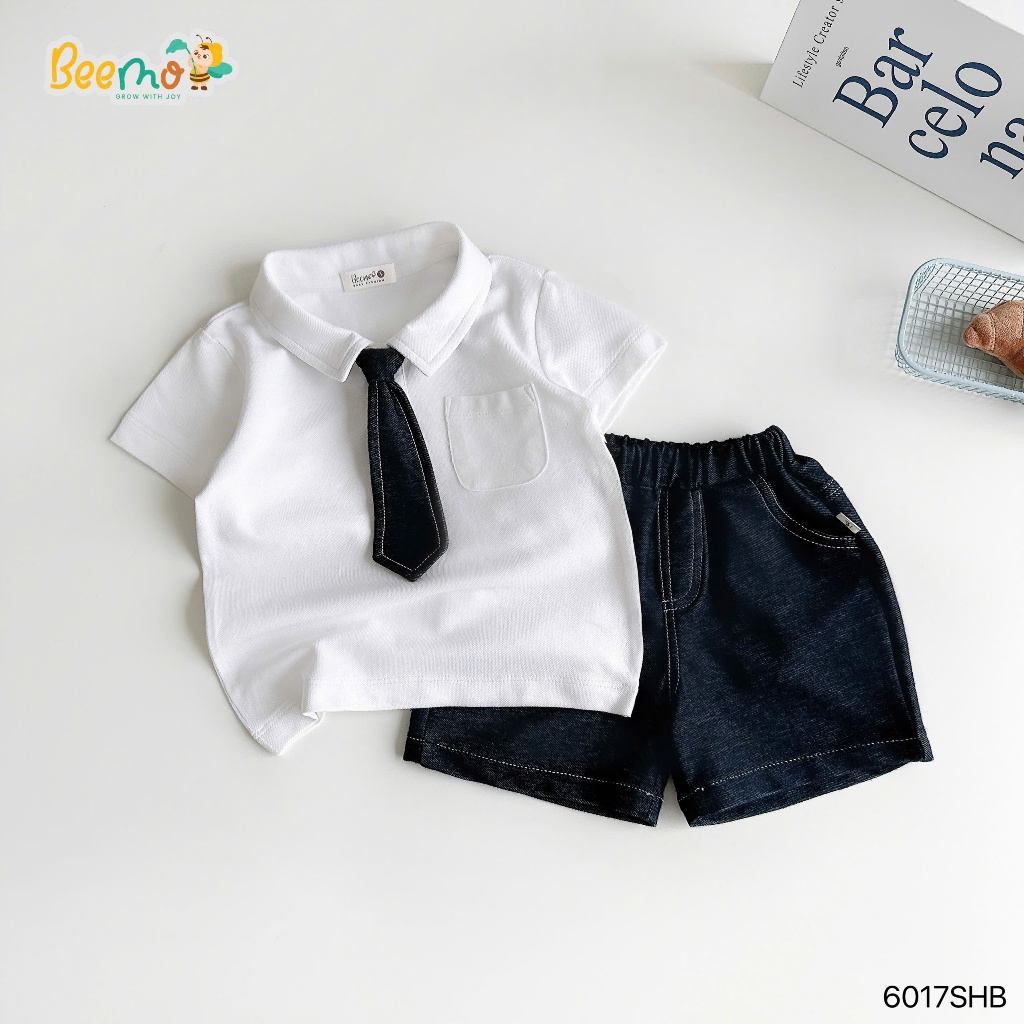 [Chính hãng Beemo] Bộ polo cộc tay phối quần giả bò basic bé trai, set bộ polo cộc tay mềm thoải mái bé trai