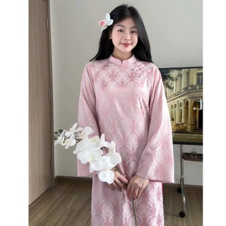 Áo dài cách tân dáng suông đính nơ ngọc, chất gấm lụa thọ dơi cao cấp tông màu pasel trẻ trung thích hợp đi lễ tết