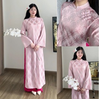 Áo dài cách tân dáng suông đính nơ ngọc, chất gấm lụa thọ dơi cao cấp tông màu pasel trẻ trung thích hợp đi lễ tết