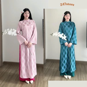 Áo dài cách tân dáng suông đính nơ ngọc, chất gấm lụa thọ dơi cao cấp tông màu pasel trẻ trung thích hợp đi lễ tết
