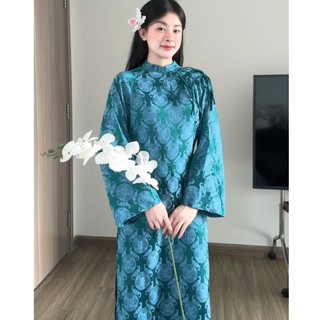 Áo dài cách tân dáng suông đính nơ ngọc, chất gấm lụa thọ dơi cao cấp tông màu pasel trẻ trung thích hợp đi lễ tết