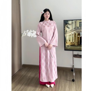 Áo dài cách tân dáng suông đính nơ ngọc, chất gấm lụa thọ dơi cao cấp tông màu pasel trẻ trung thích hợp đi lễ tết