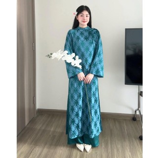Áo dài cách tân dáng suông đính nơ ngọc, chất gấm lụa thọ dơi cao cấp tông màu pasel trẻ trung thích hợp đi lễ tết