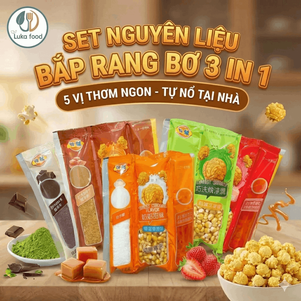 Set Nguyên Liệu Bắp Rang Bơ 3 In 1 Tự Nổ Tại Nhà 150g (5 Vị) - Bắp Mỹ Hạt Tròn Siêu Ngon - Luka Food