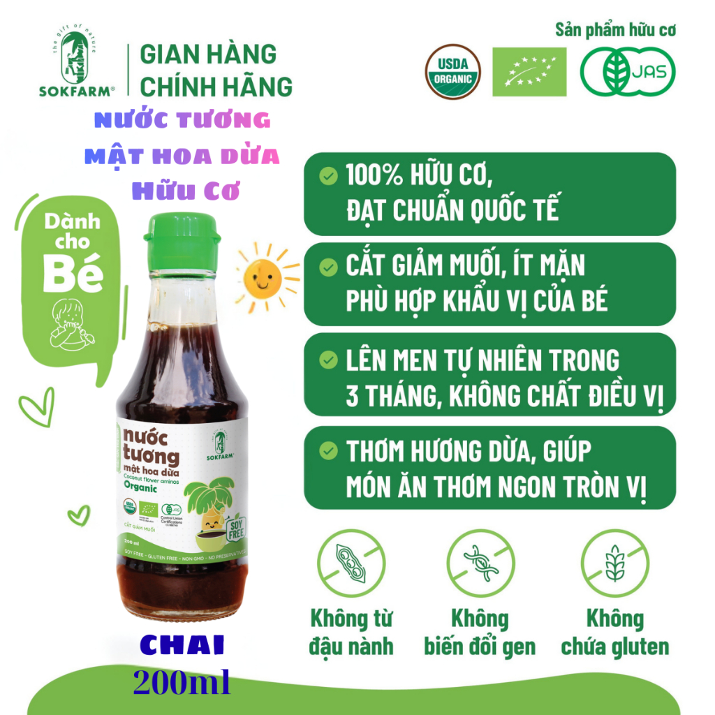 Nước Tương Mật Hoa Dừa Sokfarm, dòng Cho Bé, chai 200ml. Sản phẩm hữu cơ sản xuất tại Việt Nam.