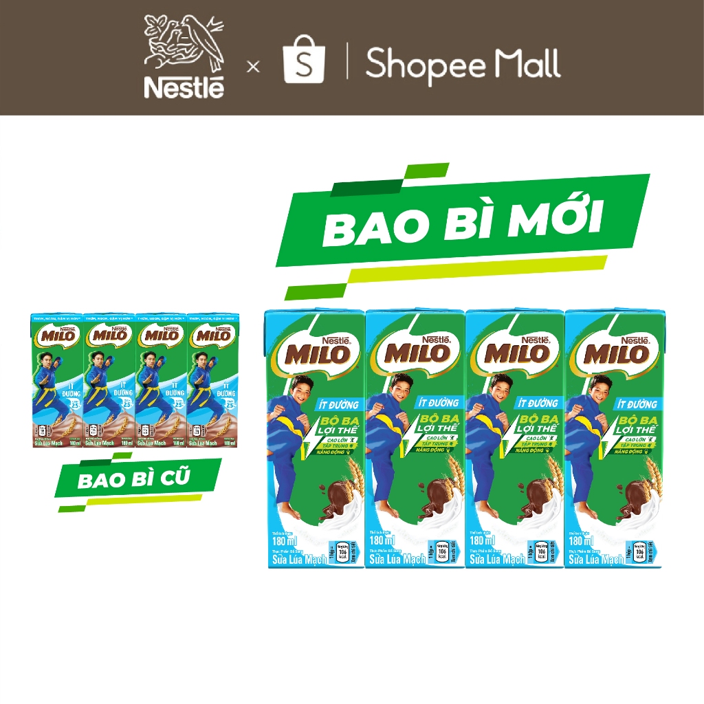 [Live] Sữa lúa mạch Nestlé® MILO® ít đường thùng 12 x 180ml (12x4x180ml)