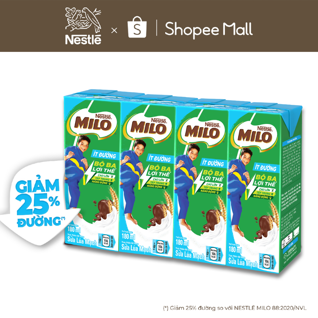 [Live] Sữa lúa mạch Nestlé® MILO® ít đường thùng 12 x 180ml (12x4x180ml)