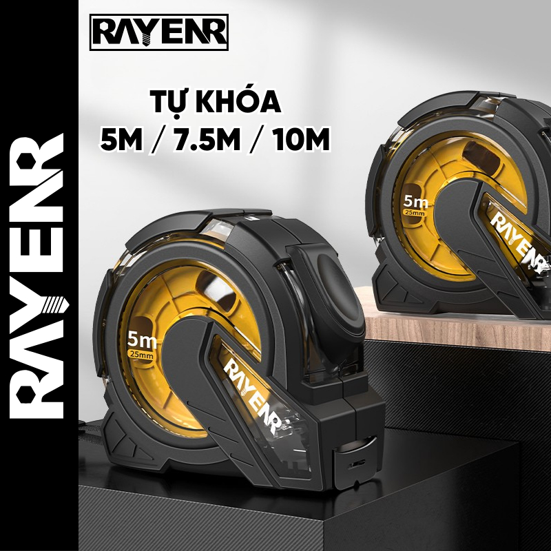 Thước Cuộn Tự Khóa RAYENR, Thước Dây Thép 5m/7m/10m Khoang Nhìn Trong Suốt Thép Cacbon Vỏ Nhựa ABS TC002