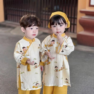 Áo dài tết cho bé gái, áo dài cách tân bé trai, áo dài trẻ em chất liệu đũi tơ mix Linen cao cấp