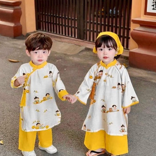 Áo dài tết cho bé gái, áo dài cách tân bé trai, áo dài trẻ em chất liệu đũi tơ mix Linen cao cấp