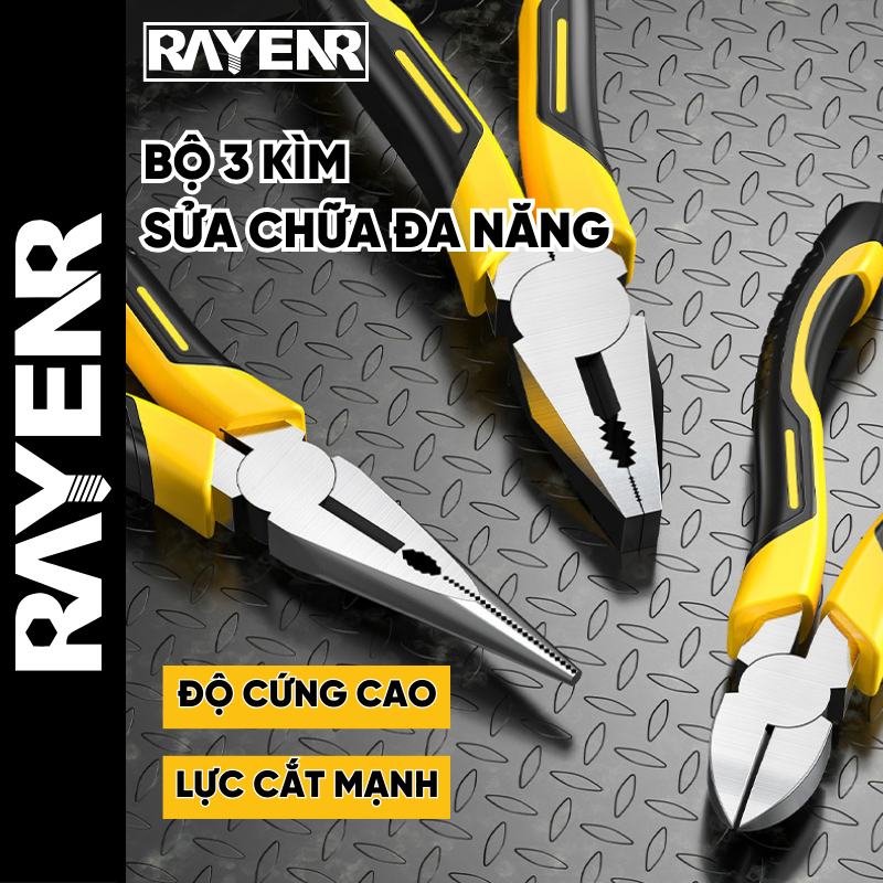 Bộ 3 Kìm Đa Năng RAYENR, Kìm Cắt Dây Điện, Kìm Mũi Nhọn, Kìm Mỏ Xéo Chất Liệu Thép Cacbon Chống Gỉ KCAT002