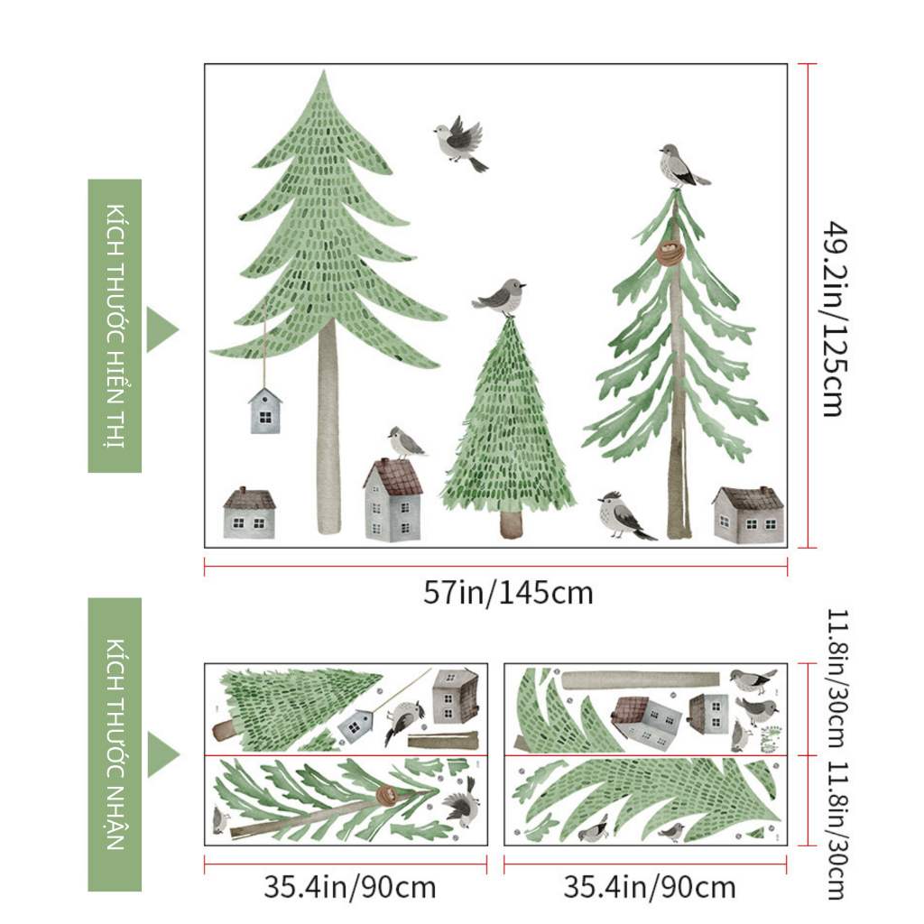 Decal Dán Tường Rừng Thông Và Chim Nhỏ Có Keo Sẵn 145x125cm - Trang Trí Phòng Phong Cách Bắc Âu