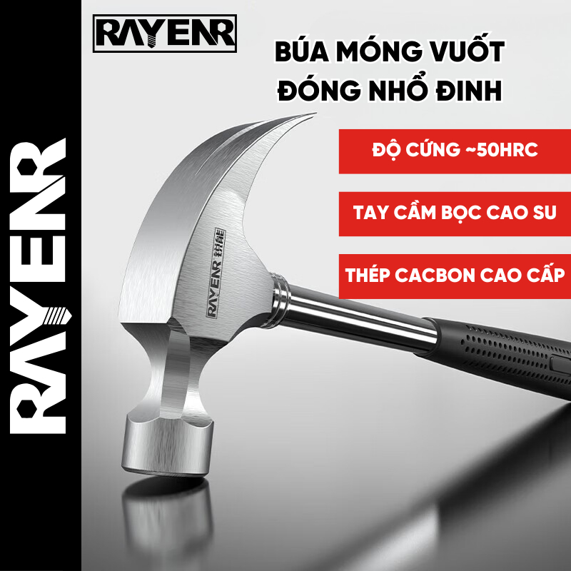 Búa Móng Vuốt Cỡ Nhỏ RAYENR, Búa Đóng Đinh, Búa Nhổ Đinh Tay Cầm Ống Thép Bọc Cao Su BUA001