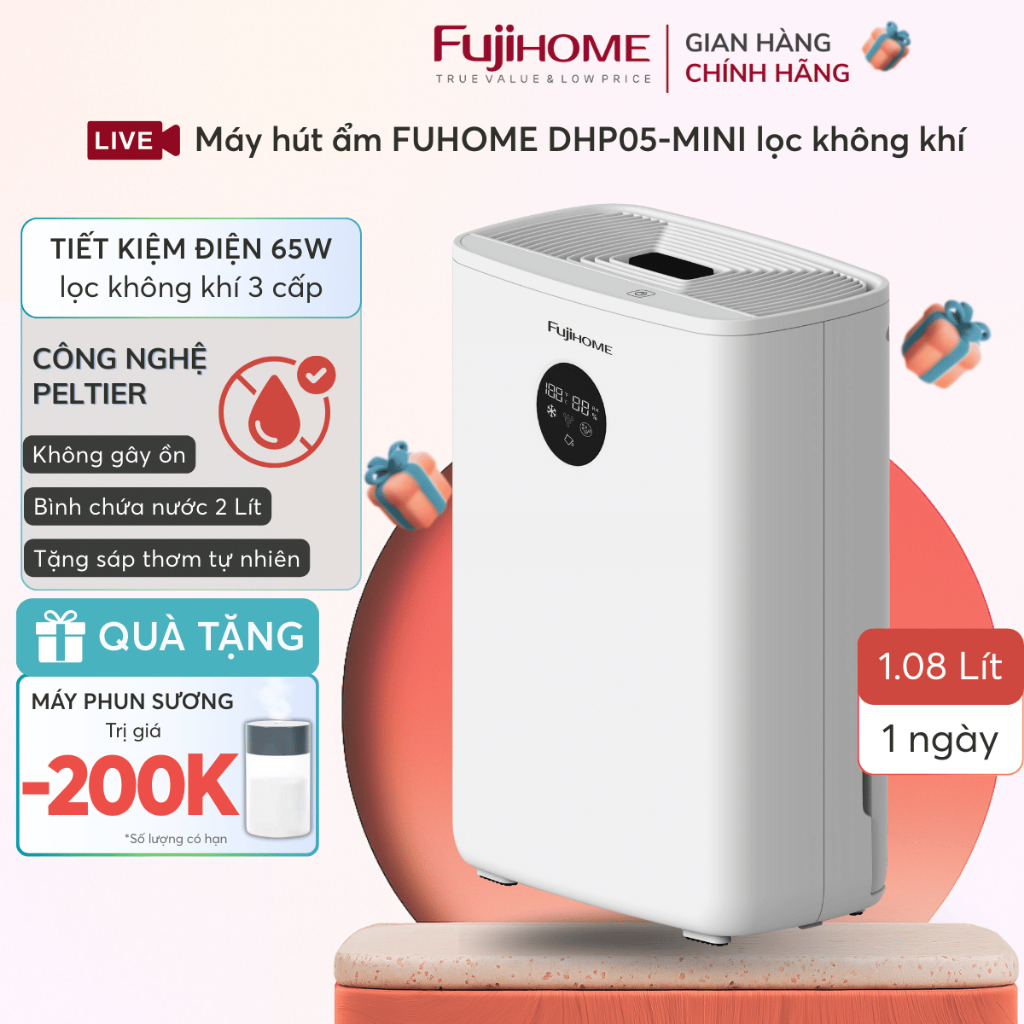 Máy hút ẩm mini diệt khuẩn UV FUJIHOME DHP05-MINI, máy khử ẩm không khí phòng ngủ yên tĩnh khử mùi