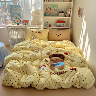Bộ chăn ga gối 4 món Cotton Đũi Hàn thêu nổi cute đủ size ( không kèm ruột chăn )