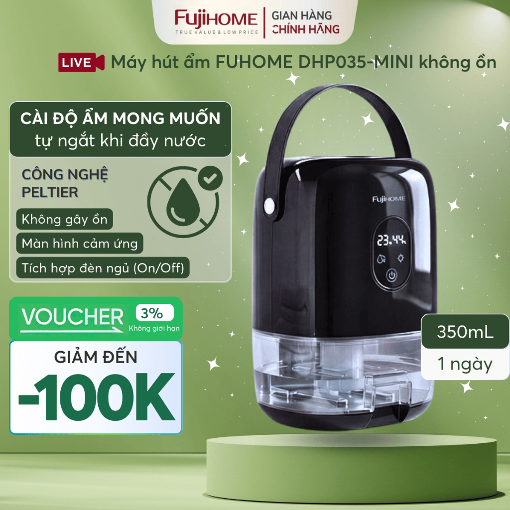 Máy hút ẩm mini chống ẩm mốc FUJIHOME DHP035-MINI, thiết bị chống ẩm mốc cầm tay để bàn tủ sách