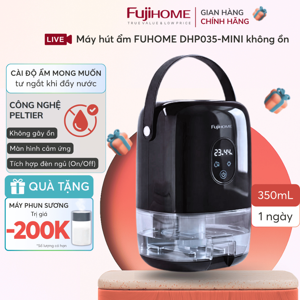 Máy hút ẩm mini khử mùi ẩm mốc FUJIHOME DHP035-MINI, thiết bị sấy khô không khí tiết kiệm điện