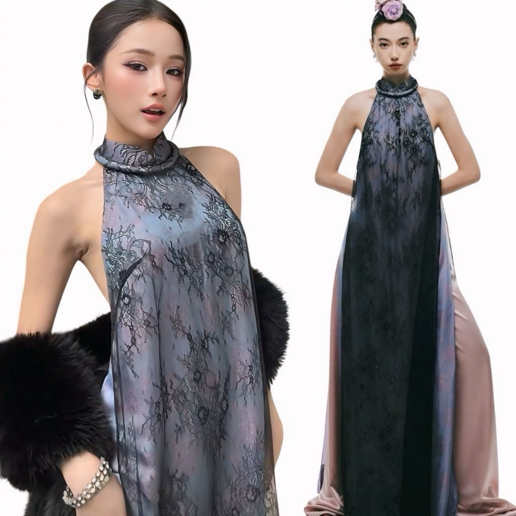 Áo Dài Yếm Rên Đen Phối Gấm Hoạ Tiết Siêu Xinh (Không Kèm Khoác Lông)