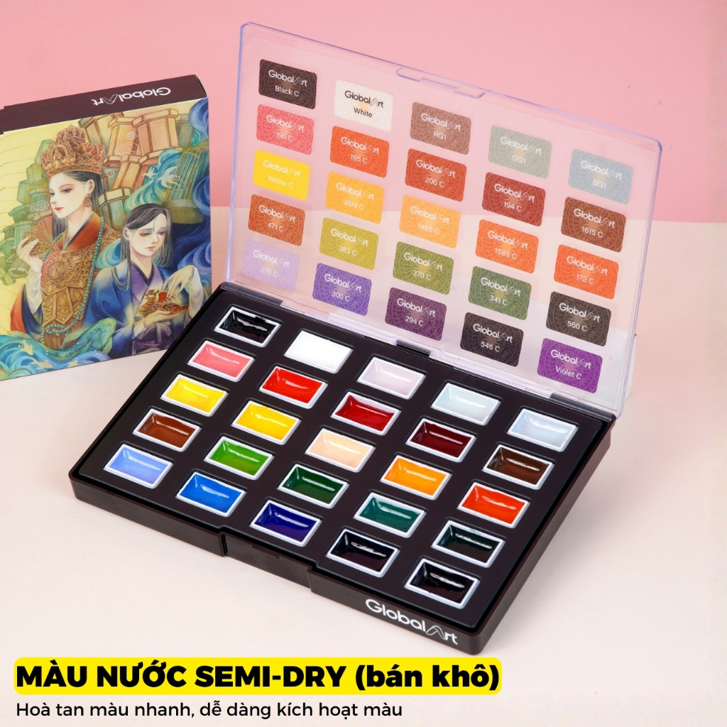 Màu Nước Semi-Dry Global Art 25 Màu 2.8ml Dễ Lấy Kiểm Soát Màu, Màu Nước Dạng Nén 24 Màu Trong, Loang Tốt