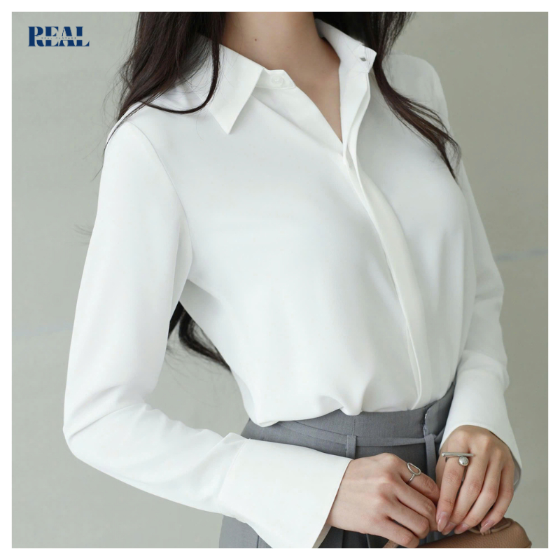Sơ mi lụa kiểu tay loe, dáng suông REAL CLOTHES (tổng hợp màu), mềm mát, ít nhăn