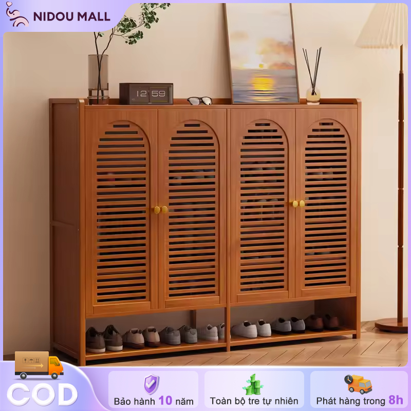 Tủ Giày Gỗ 4 Cánh Thiết Kế Lá Thông Gió Có Ngăn Để Giày Hở Tiết Kiệm Diện Tích Phong Cách Hiện Đại