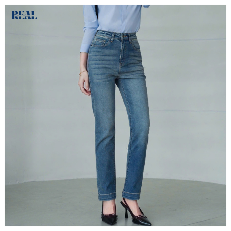 Quần Jeans basic ống đứng REAL CLOTHES, co giãn thoải mái, lưng cao tôn dáng