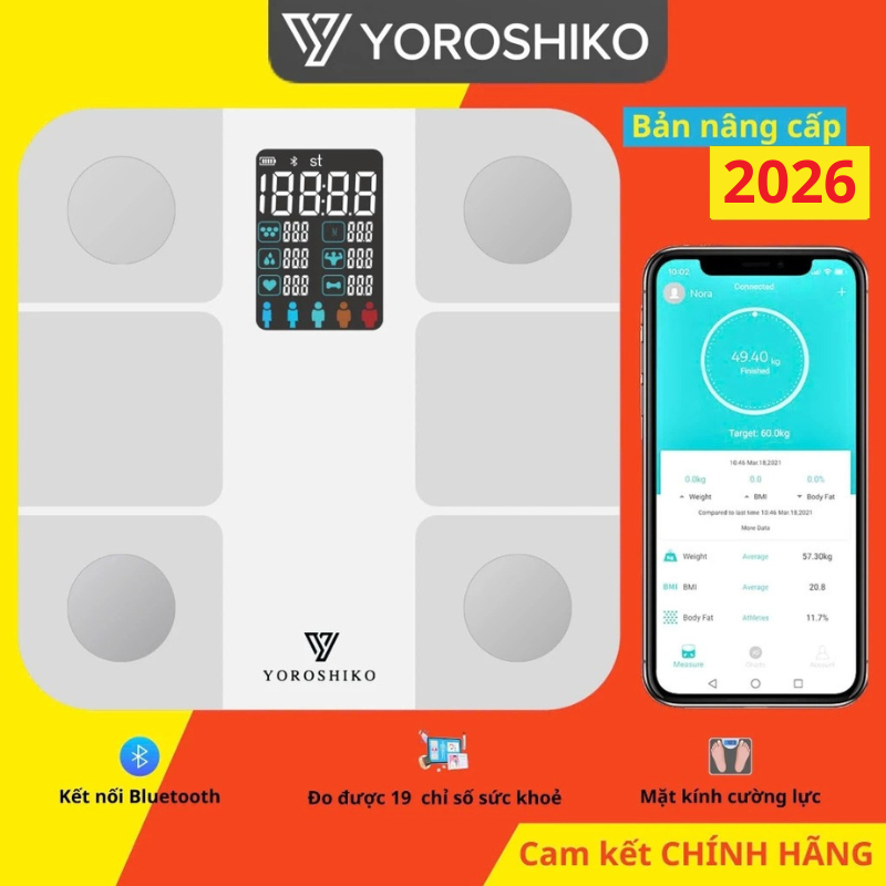 Cân điện tử sức khỏe Yoroshiko YK FX15 Pro - sử dụng công nghệ mới FeetID™ đo được 19 chỉ số BH 12T