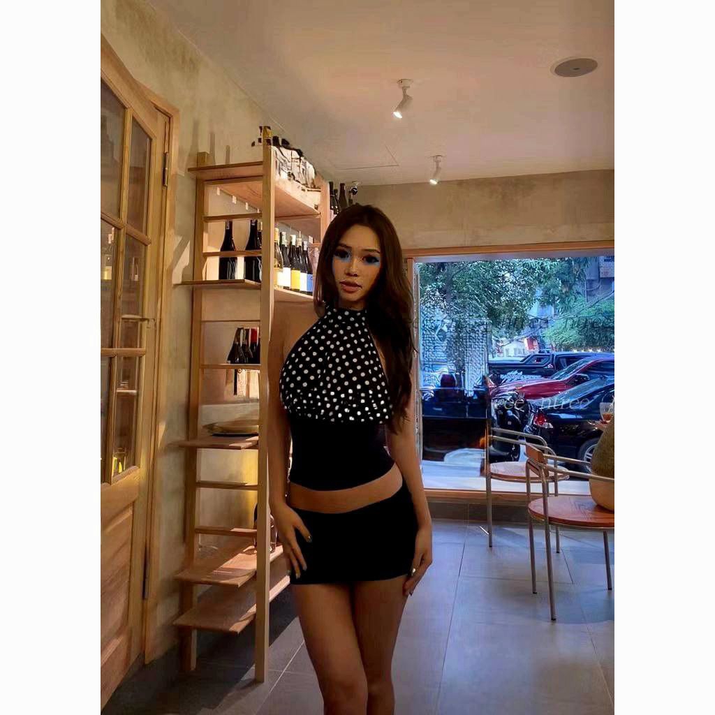 Áo Chấm Bi Cổ Yếm Hở Lưng, Áo Cổ Yếm Hở Lưng SeXy Và Chân váy Miniskirt