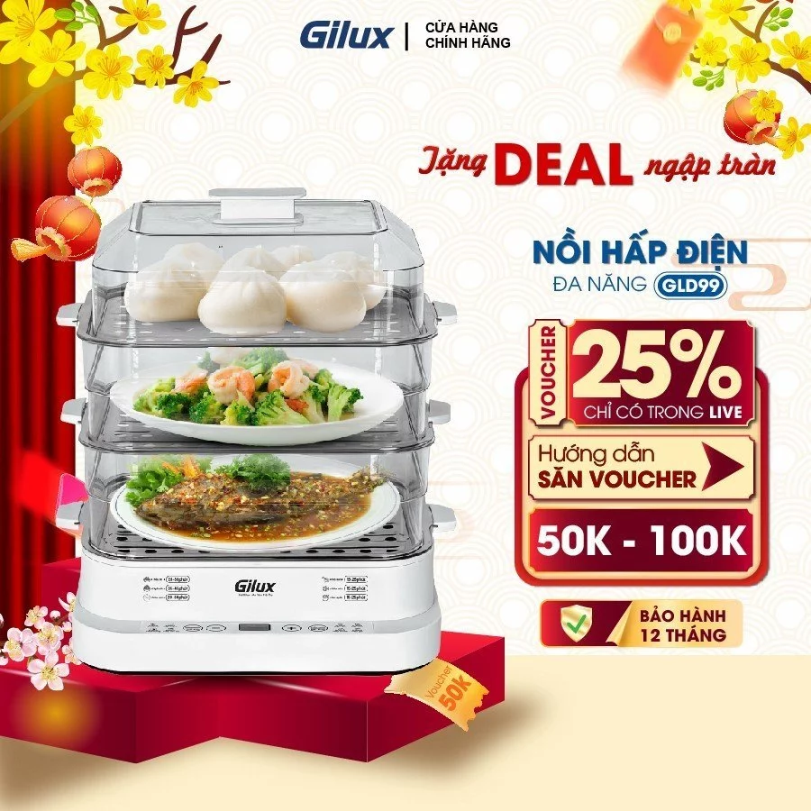 Nồi hấp Gilux 24L đa năng - Khay inox - phiên bản mới 2025 - có 3 tầng tiện lợi bảo hành 12 tháng