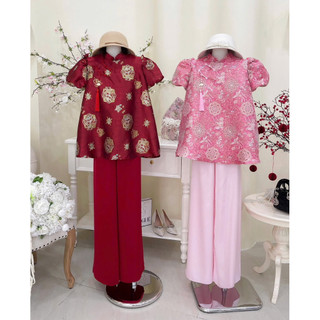 SEP House - Set bộ gấm hoa cổ tàu tay bồng dáng xoè bồng kèm quần suông dài lưng chun đỏ hồng tiểu thư - Hàng loại 1