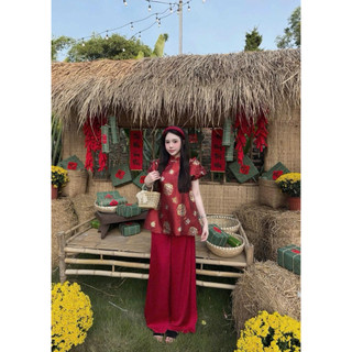 SEP House - Set bộ gấm hoa cổ tàu tay bồng dáng xoè bồng kèm quần suông dài lưng chun đỏ hồng tiểu thư - Hàng loại 1