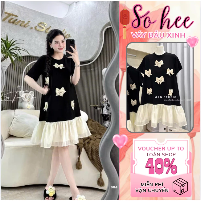 Đầm bầu xinh babydoll , váy bầu thiết kế dự tiệc nơ nổi chất hàn chéo mix bèo tiểu thư hot hit đầm bầu Sohee