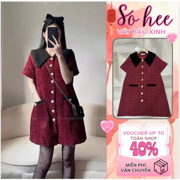 Váy bầu dự tiệc, đầm bầu thu đông dáng babydoll cổ bèo điệu đà, váy dạ chân váy xếp ly xinh xắn, lên dáng xinh