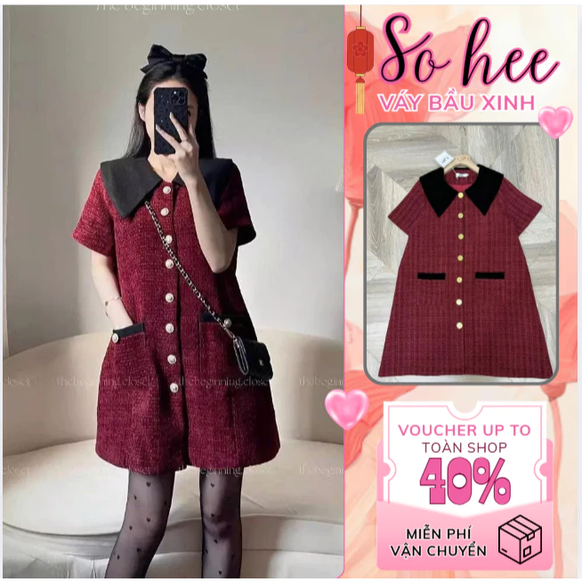 Váy bầu dự tiệc, đầm bầu thu đông dáng babydoll cổ bèo điệu đà, váy dạ chân váy xếp ly xinh xắn, lên dáng xinh