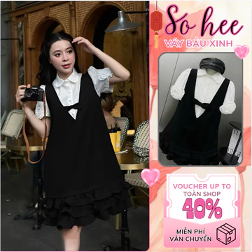 Đầm bầu xinh SOHEE , váy bầu babydoll thiết kế váy phối sơ mi tay phồng gắn hoa , chân váy phối xòe tầng xinh xắn