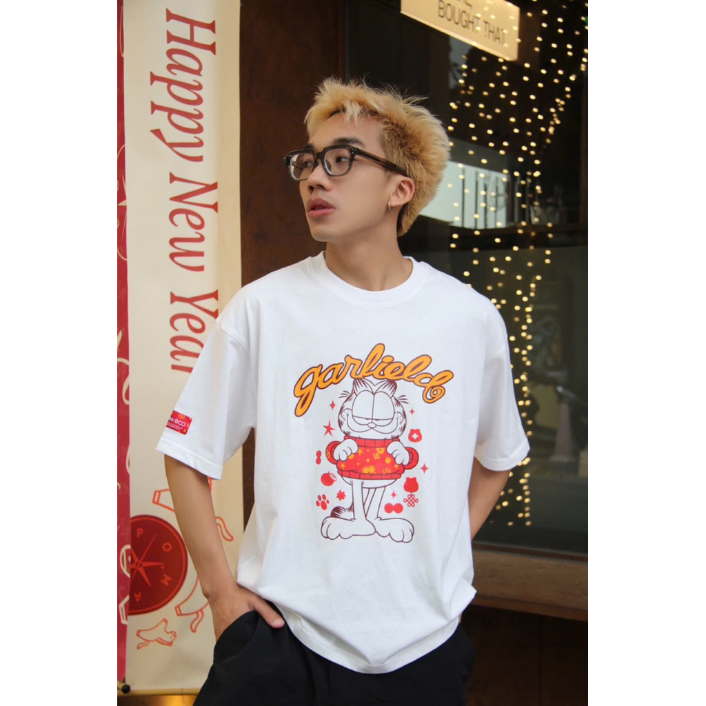 [BST Tết] Áo Thun BOO Unisex Cotton Cổ Tim In Hình Mèo Garfield Chất Liệu Cotton Cao Cấp, Họa Tiết Dễ Thương