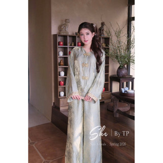 Set Phật Tử Lụa Tay Viền Nhũ Mix Quần Suông Chuẩn She’s