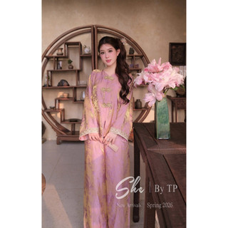 Set Phật Tử Lụa Tay Viền Nhũ Mix Quần Suông Chuẩn She’s