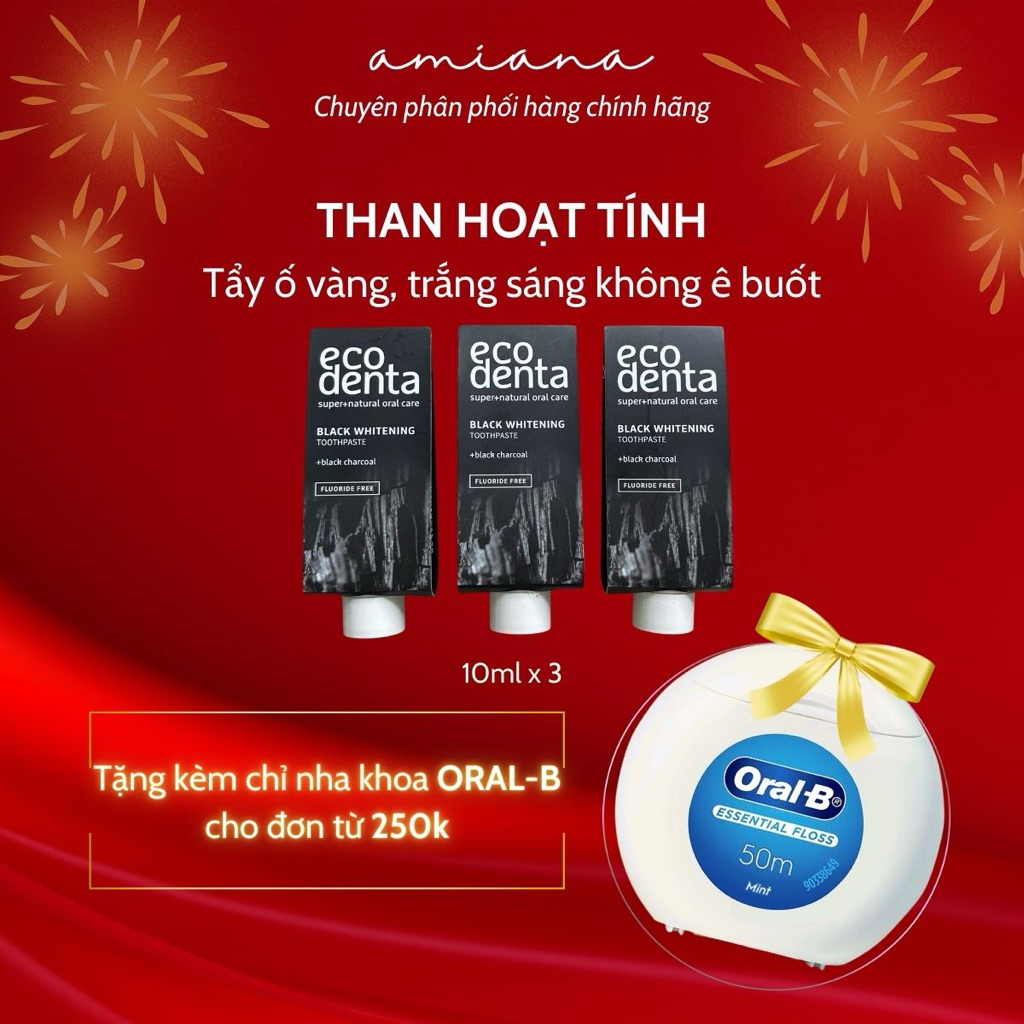 [Quà tặng đơn từ 250.000vnd]3 tuýp kem đánh răng mini Ecodenta Black Whitening 10ml – Than hoạt tính làm trắng răng