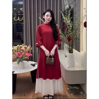 Set Áo Dài Thêu Hoa Kèm Váy Xòe Trắng, Set Áo Dài Cách Tân Thêu, Chất Lụa Mềm Mại Đỏ Đô