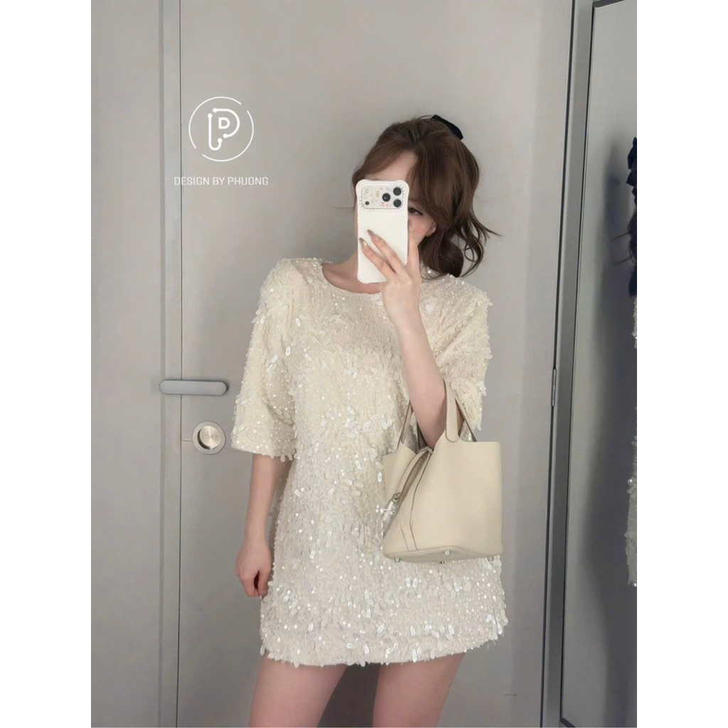 Áo váy dáng xuông dài chùm mông kim sa lấp lánh