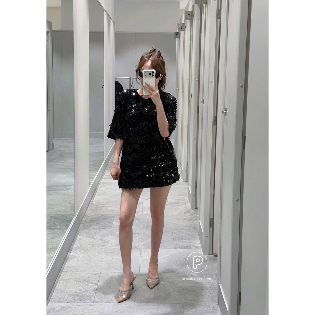 Áo váy dáng xuông dài chùm mông kim sa lấp lánh