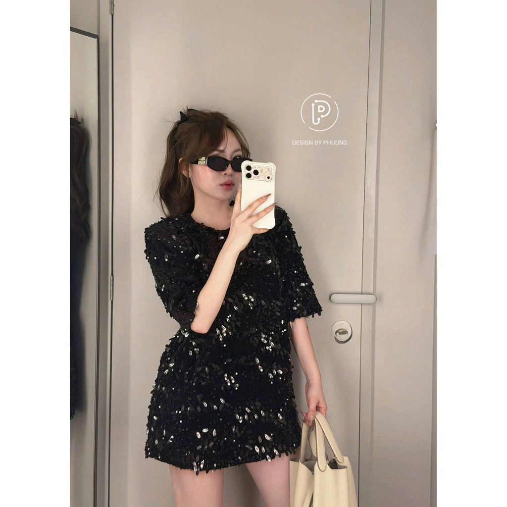 Áo váy dáng xuông dài chùm mông kim sa lấp lánh