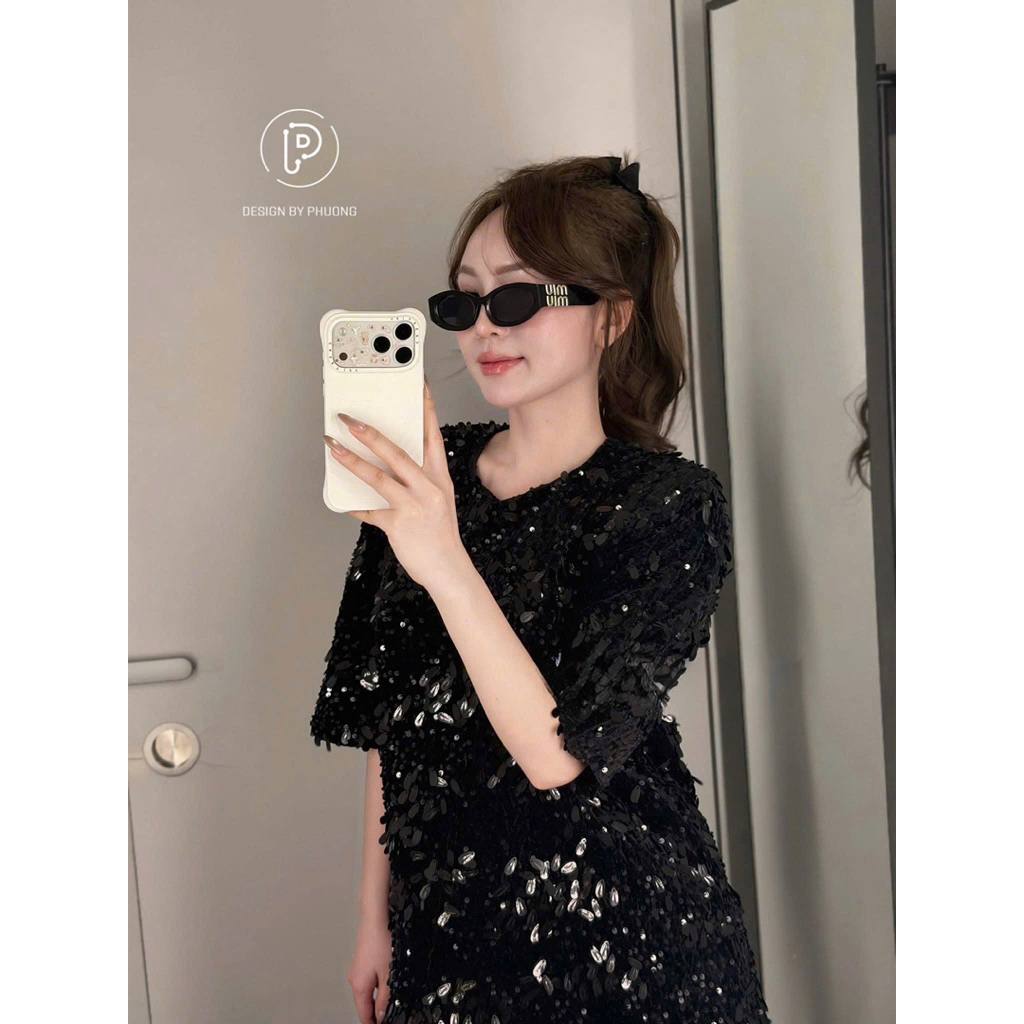Áo váy dáng xuông dài chùm mông kim sa lấp lánh