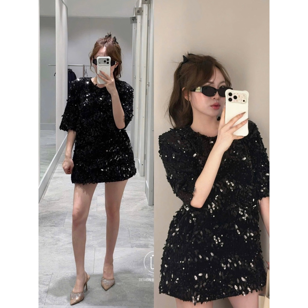 Áo váy dáng xuông dài chùm mông kim sa lấp lánh
