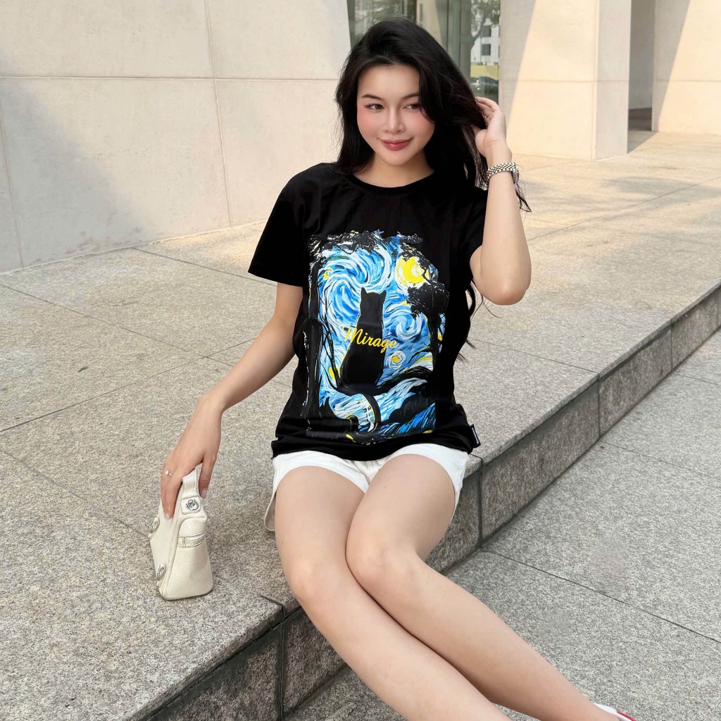 Áo Thun Mirage Bức Tranh Mèo Cổ Điển Chất 100% Cotton Mềm Mịn Thoáng Mát.