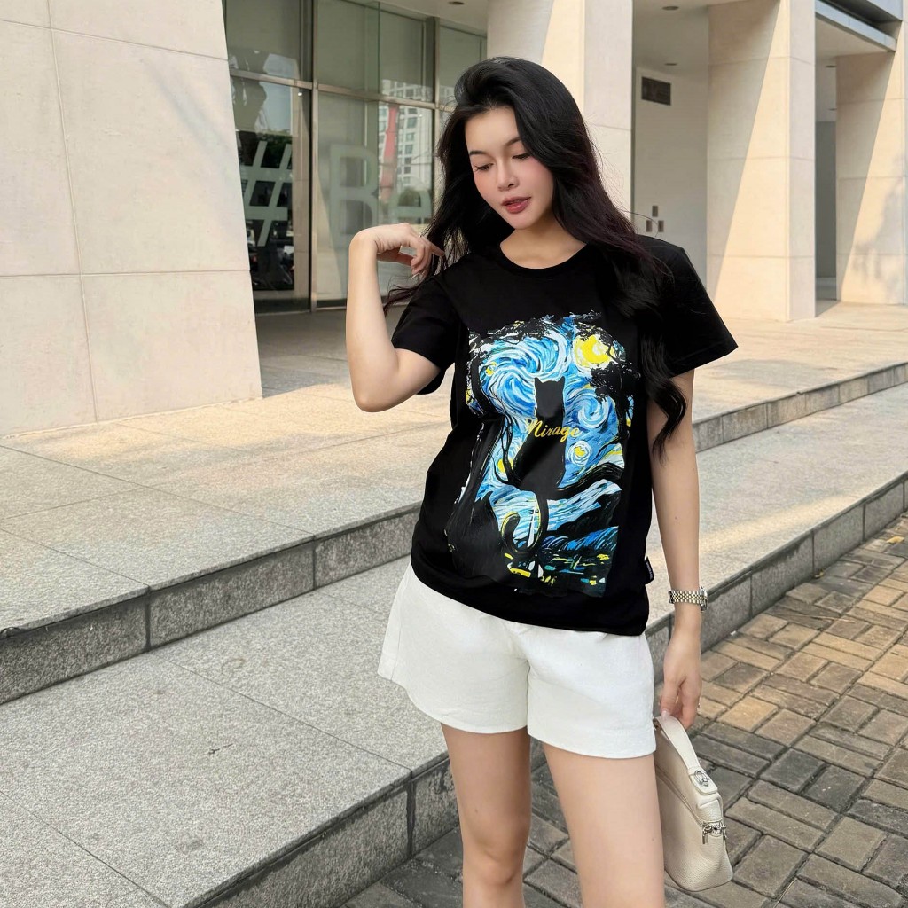 Áo Thun Mirage Bức Tranh Mèo Cổ Điển Chất 100% Cotton Mềm Mịn Thoáng Mát.