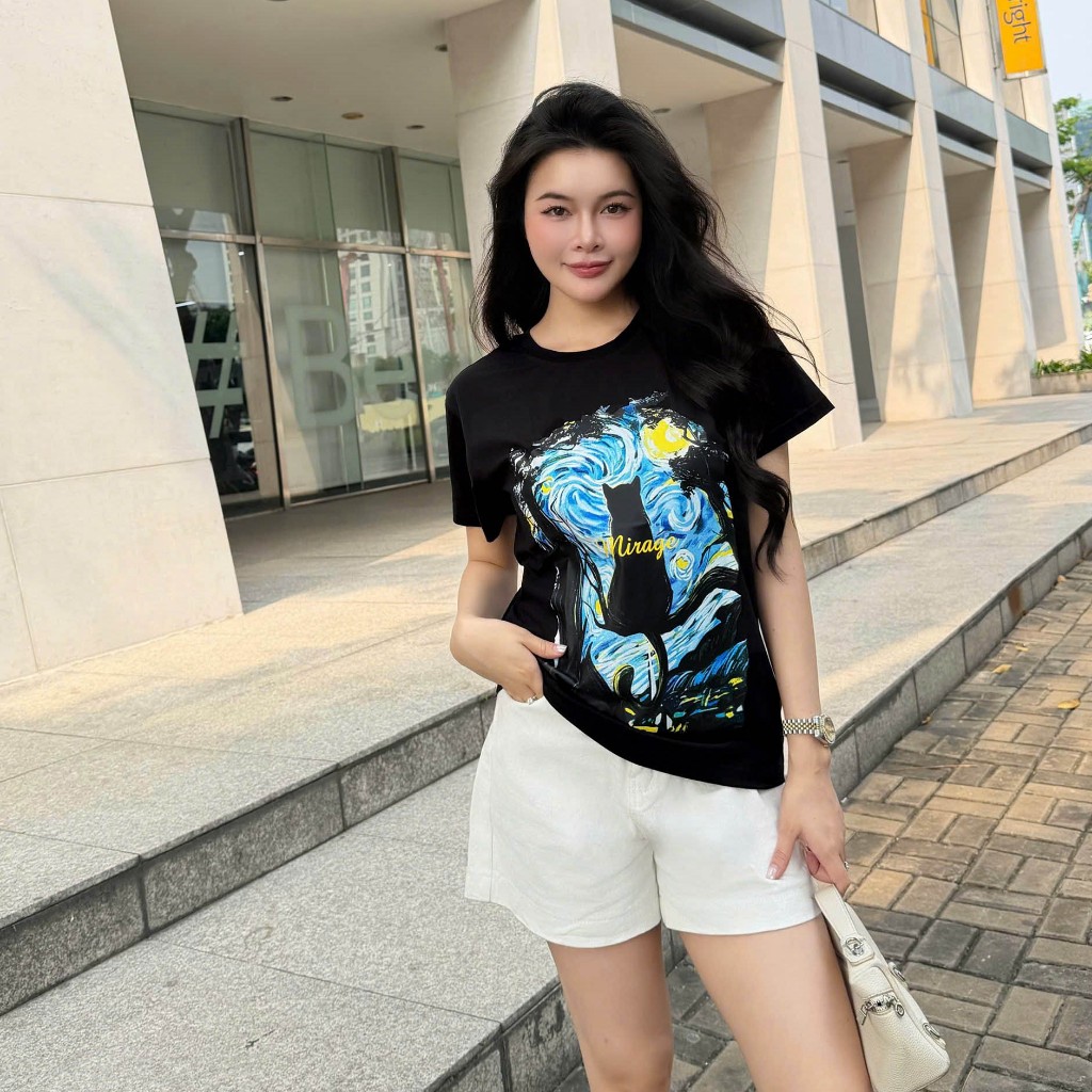Áo Thun Mirage Bức Tranh Mèo Cổ Điển Chất 100% Cotton Mềm Mịn Thoáng Mát.