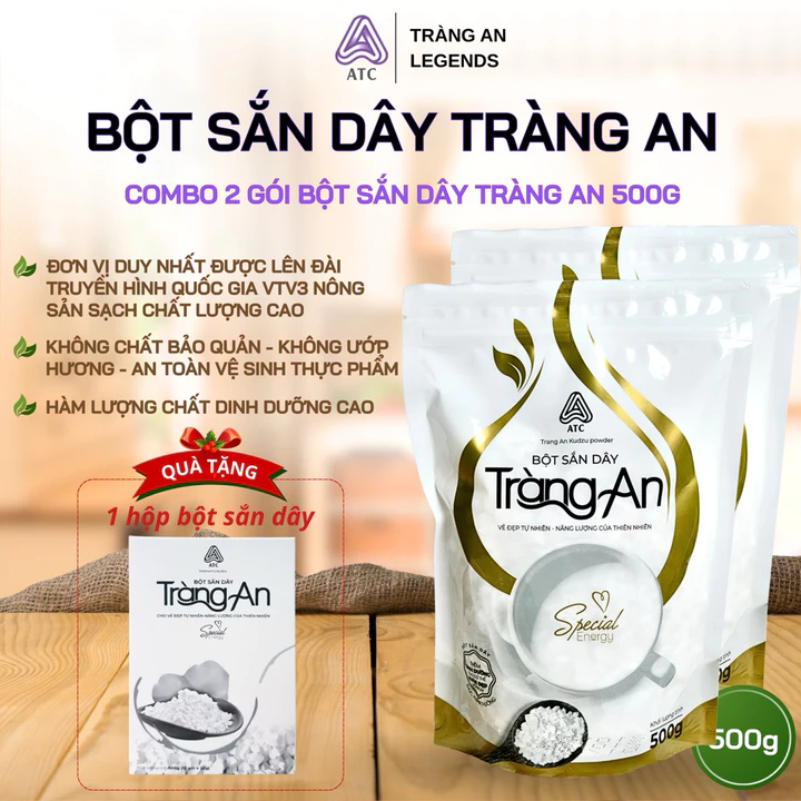 Combo 2 túi Bột sắn dây Tràng An 500g nguyên chất Kinh Môn, Hải Dương - Tặng 1 hộp bột sắn dây Collagen