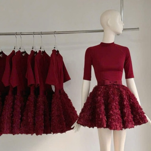 Váy thiết kế tay ngắn phối chân hoa nổi MIU.STUDIO, Đầm nữ cổ tròn đính nơ eo cao cấp, mặc tết - đi chơi - đi cafe